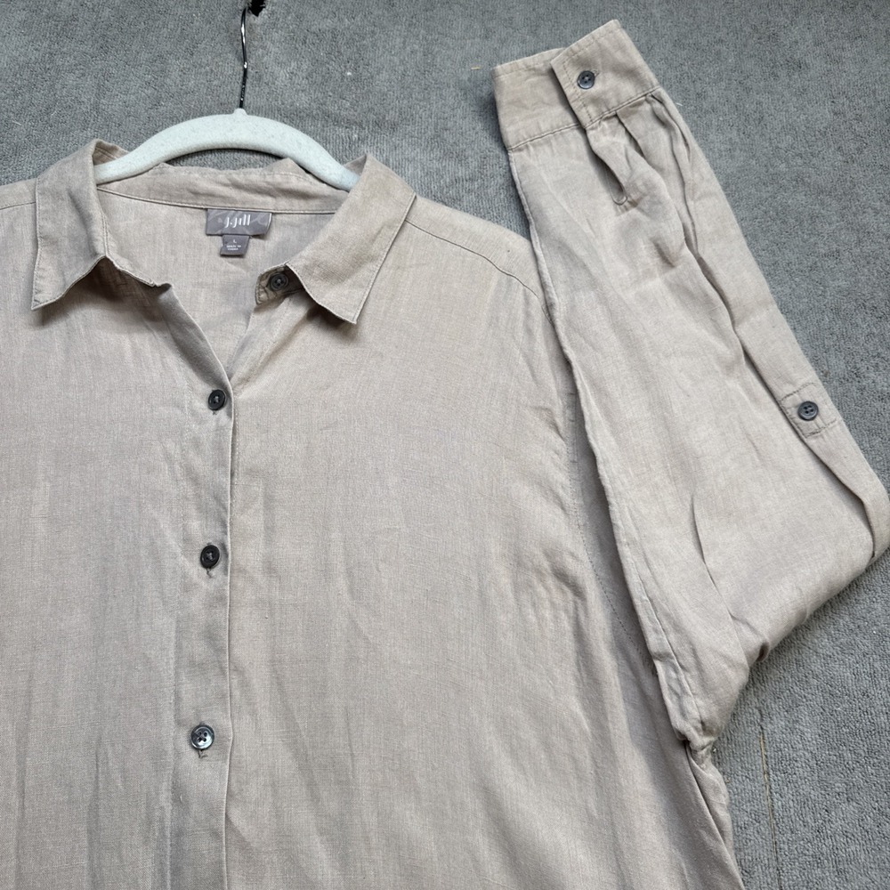 J Jill Tan Linen Button Front Shirt Dress Tunic Women's Large Minimalist